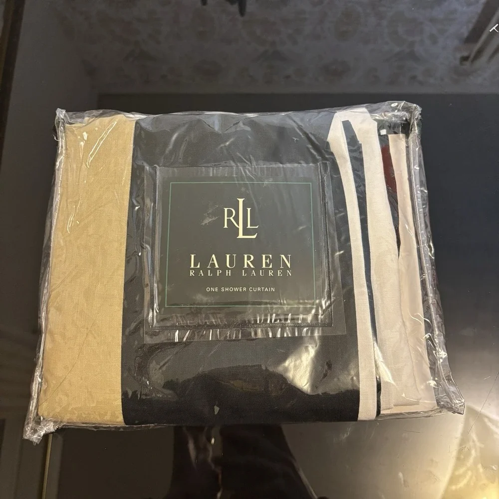 NEW Lauren Ralph Lauren Shower Curtain Linen Cotton Blend 72X72 White Colorblock